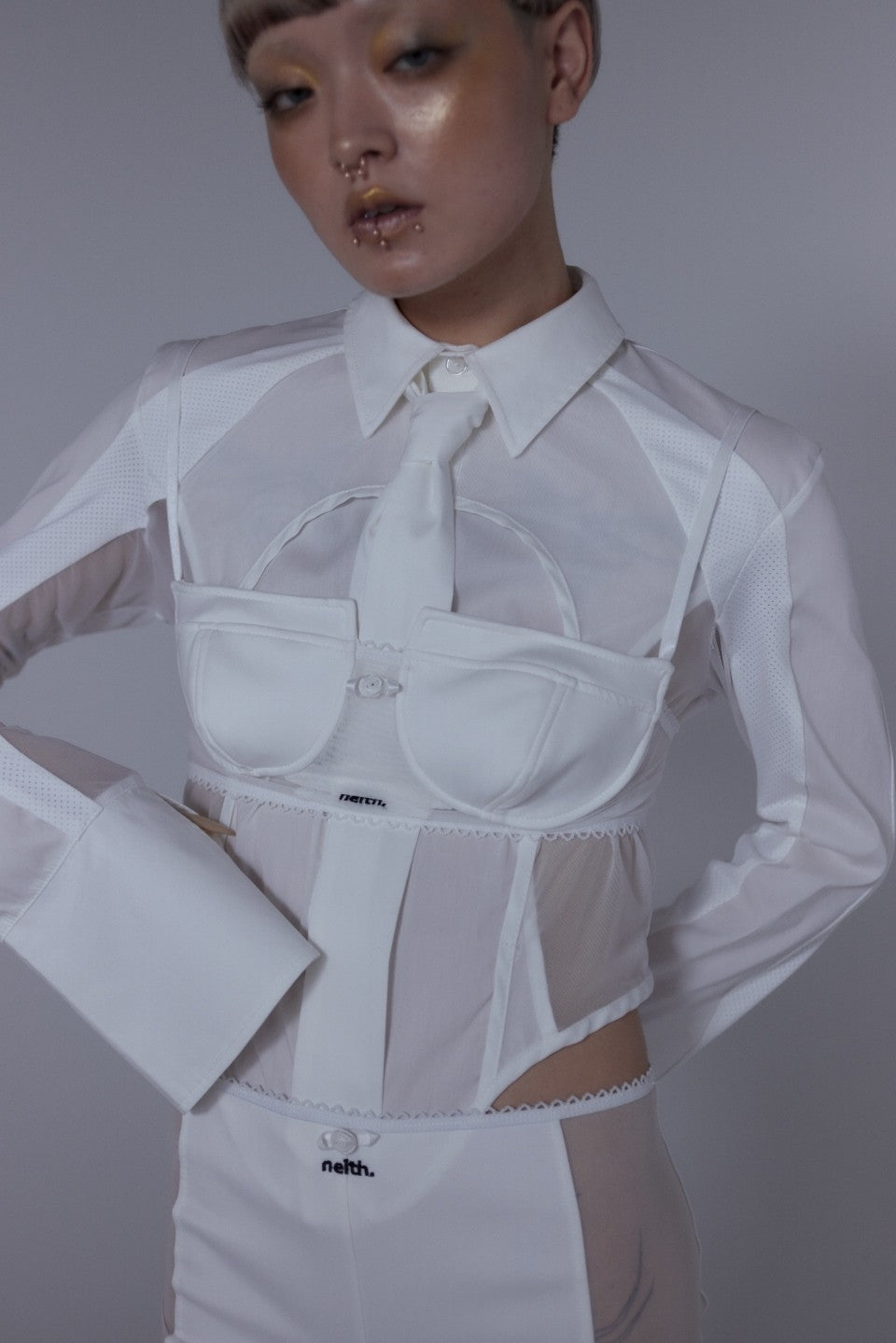 Mesh Tied Shirt(White)