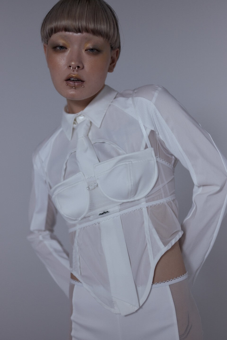 Mesh Tied Shirt(White)