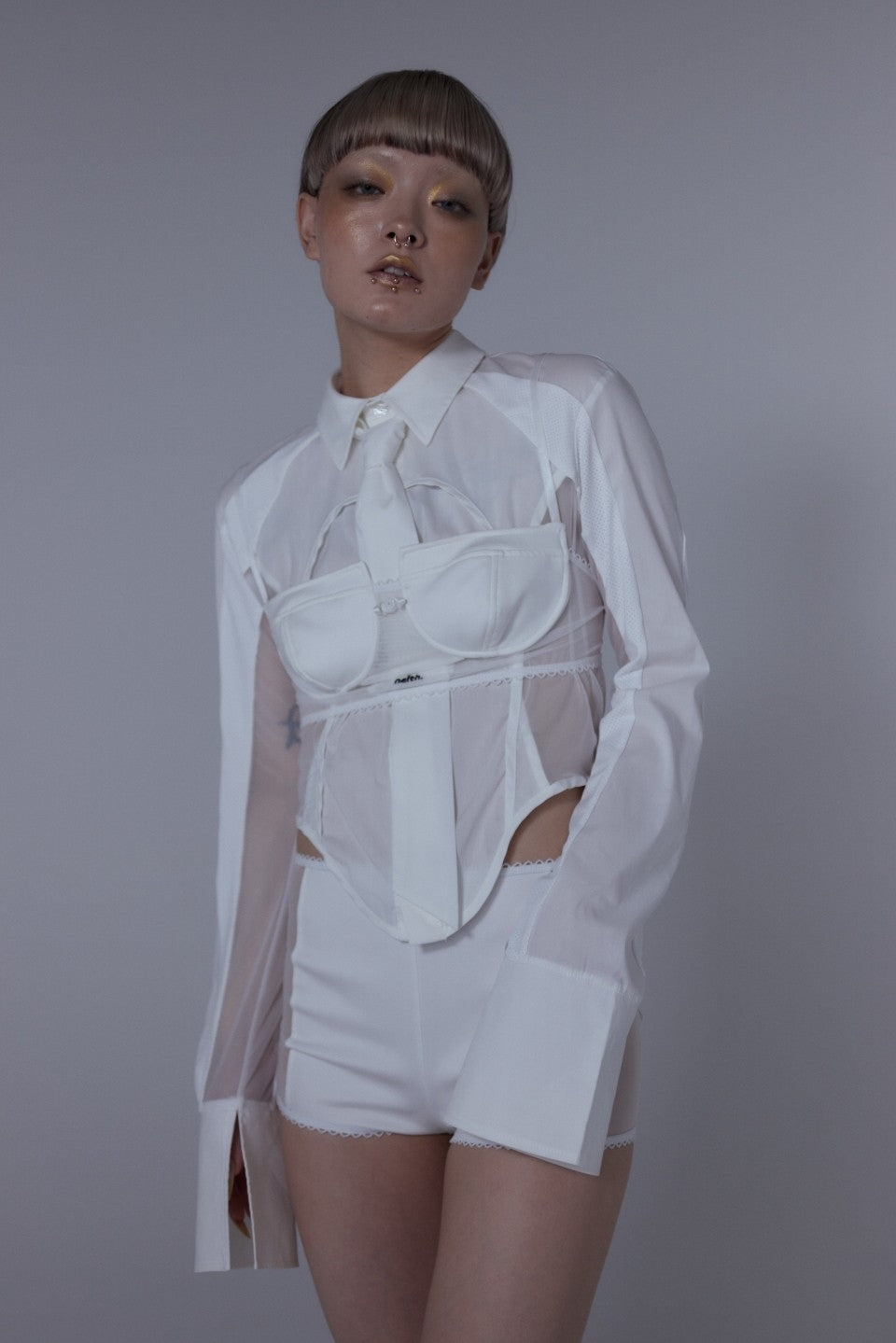 Mesh Tied Shirt(White)