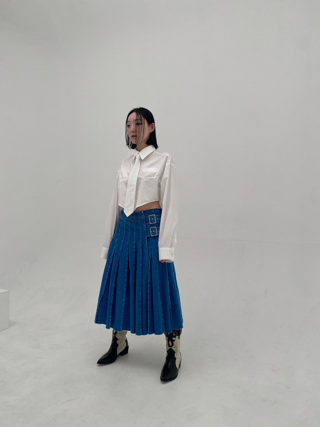 Denim Pleated Skirt(Blue)